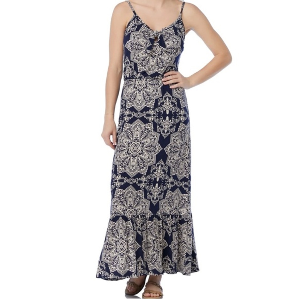Loveappella Stitch Fix Blue Paisley Boho Maxi Dress Tie Front L